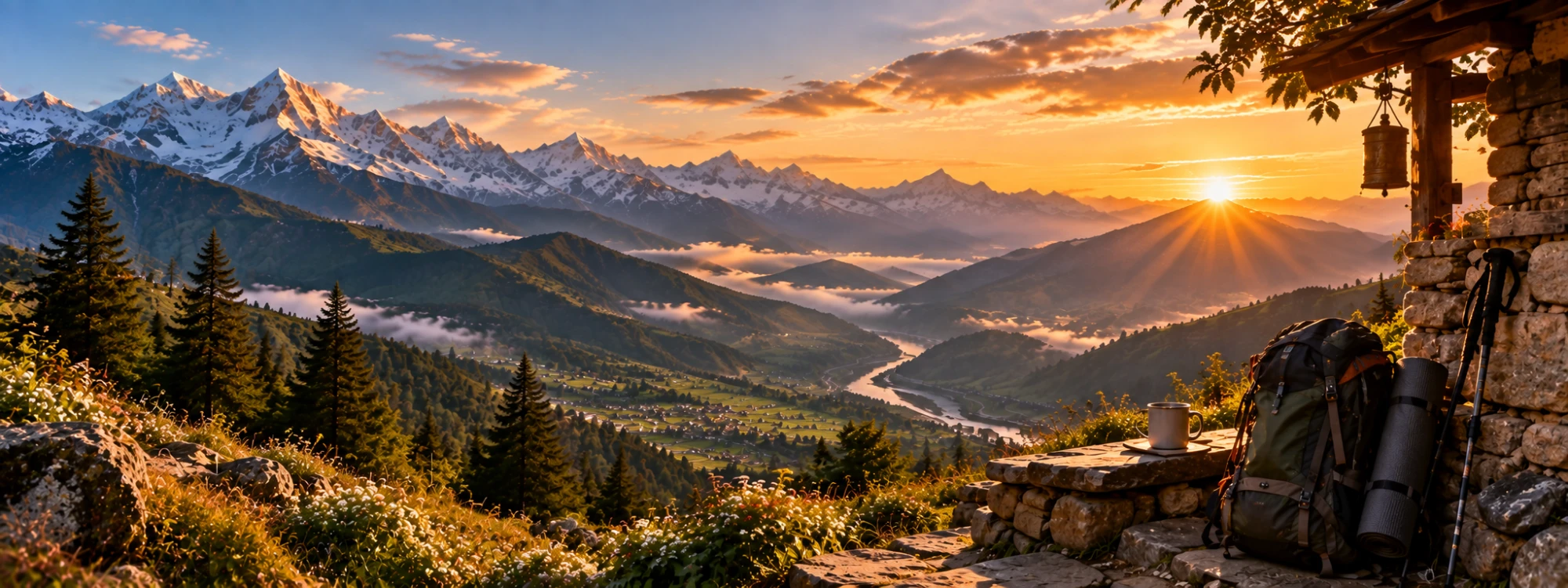 Himalayan mountains at sunset with a trekking backpack overlooking the valley