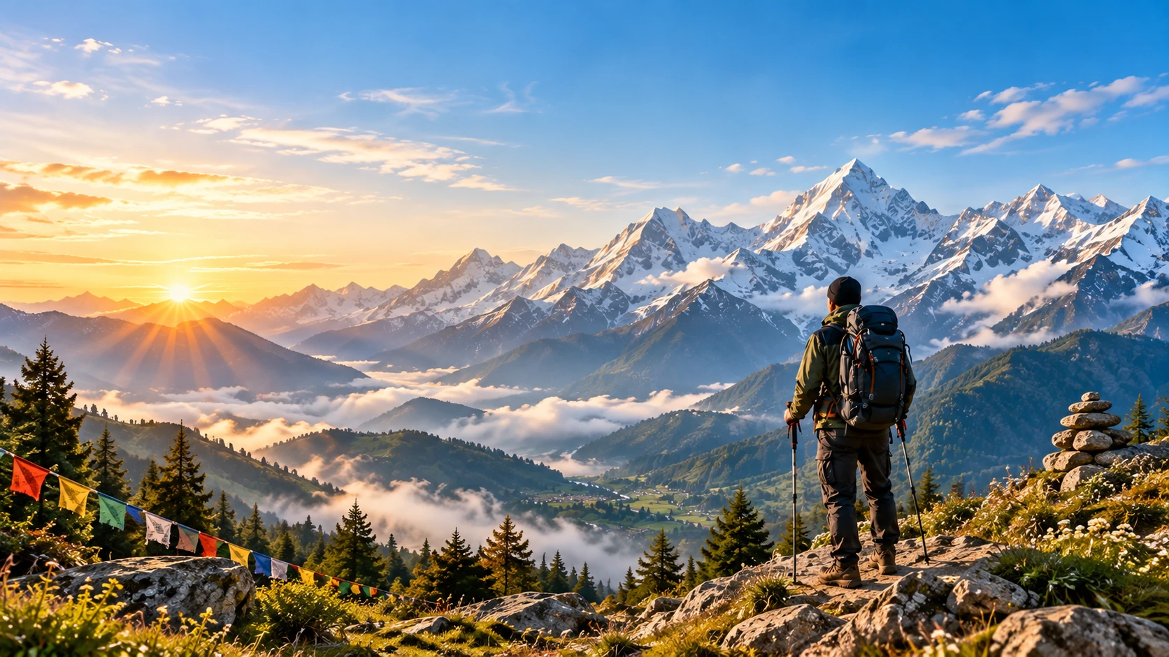 Hiker overlooking the Himalayan mountains at sunrise